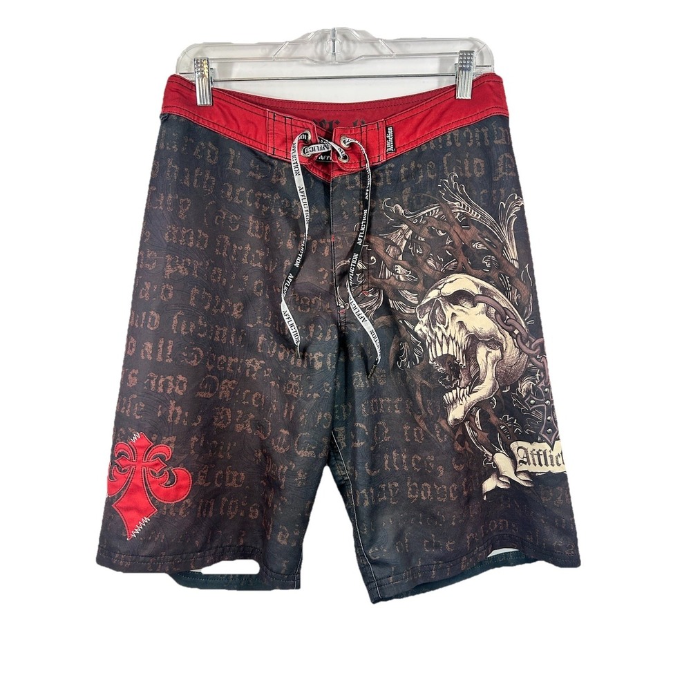 Affliction Skull Board Shorts Size 30 Cyber Y2K Grunge Distressed‎ Goth Graphic
